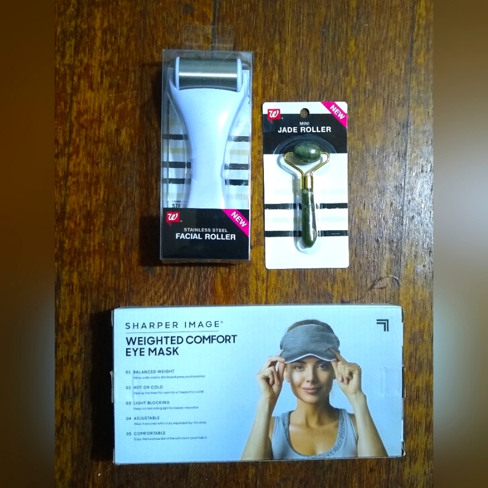 3 Pc FACIAL SPA Lot! Sharper Image Weighted Eye Mask + 2 Facial Rollers